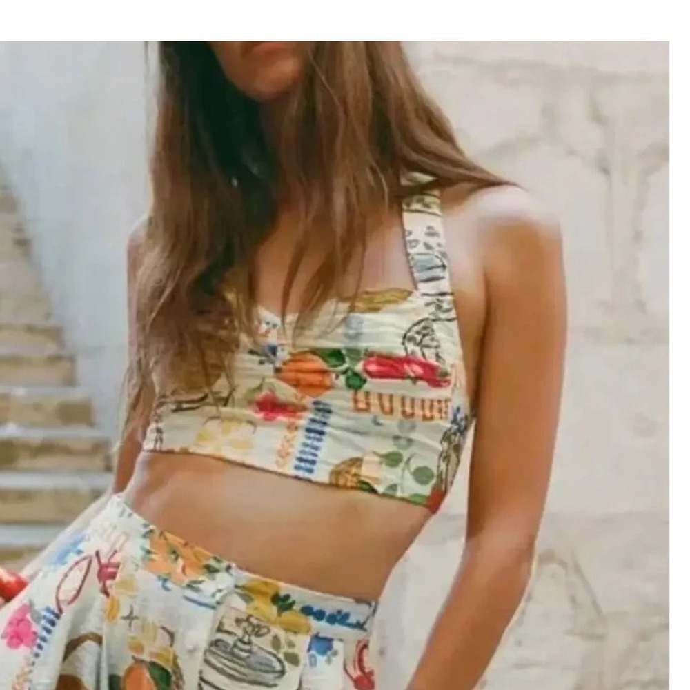 Zara Fruit Print Crop Top Multi Color Halter Sweetheart Smocked 8730/169/330